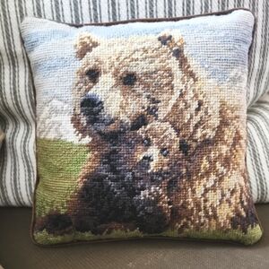 Vintage Mama Bear With Baby Embroidered Tapestry Pillow Velvet Backing